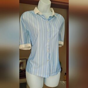NWOT JOREN San Francisco Pale Blue Striped Cap Sleeve VINTAGE Blouse PLUS SIZE